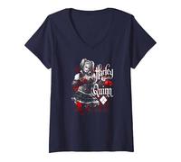 Women's Batman: Arkham Knight Harley Quinn Dice V-Neck T-Shirt, Navy Blue, X-Large
