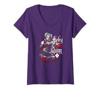Women's Batman: Arkham Knight Harley Quinn Dice V-Neck T-Shirt, Purple, Small