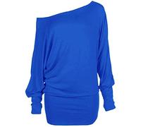 Womens Off Shoulder Jumper Batwing Sleeve Plain Shirt Ladies Winter Fashion Long Sleeve Baggy Top Royal Blue UK 16-18