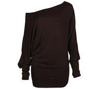 Womens Off Shoulder Jumper Batwing Sleeve Plain Shirt Ladies Winter Fashion Long Sleeve Baggy Top Chocolate Brown UK 16-18