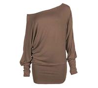 Women's Batwing Long Sleeve Off Shoulder Top Baggy Shirt Jumper Ladies Plain and Printed Batwing Top Casual Winter Wear Loose Off Shoulder Neck Fit Jumper Tops UK Plus Size 8 to 26 Mocha