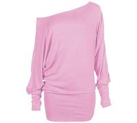 Womens Off Shoulder Jumper Batwing Sleeve Plain Shirt Ladies Winter Fashion Long Sleeve Baggy Top Baby Pink UK 12-14