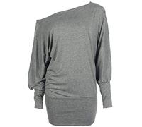 Womens Off Shoulder Jumper Batwing Sleeve Plain Shirt Ladies Winter Fashion Long Sleeve Baggy Top Silver Grey UK 16-18