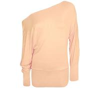 Womens Off Shoulder Jumper Batwing Sleeve Plain Shirt Ladies Winter Fashion Long Sleeve Baggy Top Peach UK 8-10