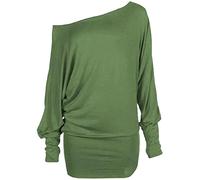 Womens Off Shoulder Jumper Batwing Sleeve Plain Shirt Ladies Winter Fashion Long Sleeve Baggy Top Khaki UK 20-22