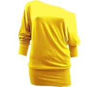 RIDDLED WITH STYLE Women's Batwing Long Sleeve Off Shoulder Top Baggy Shirt Jumper Ladies Plain and Printed Winter Wear Loose Off Shoulder Neck Fit Casual Jumper Tops UK 8 to 26 Yellow