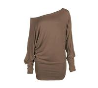 RIDDLED WITH STYLE Women's Batwing Long Sleeve Off Shoulder Top Baggy Shirt Jumper Ladies Plain and Printed Winter Wear Loose Off Shoulder Neck Fit Casual Jumper Tops UK 8 to 26 Mocha