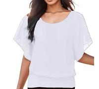 Womens Batwing Sleeve Short Loose Chiffon Blouse Casual Lightweight Breathable Tops Juniors Fashionable Womens T Shirts Stylish Blouses Perfect for Everyday Wear Summer Shirts (White, XL)