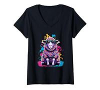 Womens Bauer Sunglasses Colourful Sheep V-Neck T-Shirt