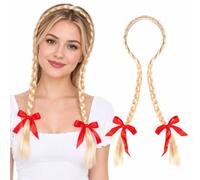 Womens Bavarian Oktoberfest Wig Blonde Plaited Pigtails Red Ribbon Bow | plaited pigtail wig headband, red bow trim, German beer festival style, synthetic hair, schoolgirl look
