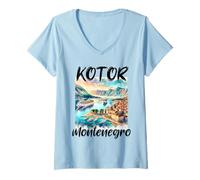 Womens Bay of Kotor Montenegro Cruise Ship Watercolor Scenic Travel V-Neck T-Shirt