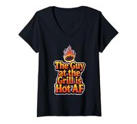 Women's BBQ Cookout The Guy at the Grill is Hot as Fire Statement V-Neck T-Shirt