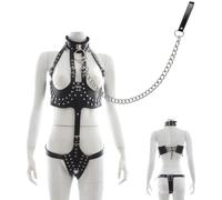 Women's BDSM Bondage Bodysuit with Chastity Belt | Adjustable straps, lace-up detailing and pull lead for adult role play and individual fetish styling.