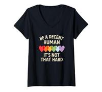 Womens Be A Decent Human It's Not That Hard LGBTQ Rainbow Hearts V-Neck T-Shirt