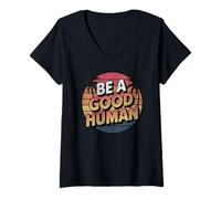 Womens Be A Good Human Retro Sunset Palm Trees And Kindness V-Neck T-Shirt