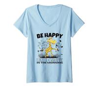Women's Be Happy Like A Giraffe in The Morning Funny Giraffes V-Neck T-Shirt