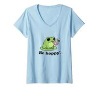 Women's Be Hoppy. Funny Happy Cute Optimistic Frog V-Neck T-Shirt