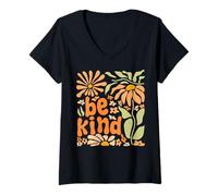 Women's Be Kind Floral Positive Quote Boho Flowers Choose Kindness V-Neck T-Shirt