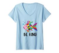 Womens Be Kind Rainbow Fish Teacher Life Teaching Back To School V-Neck T-Shirt