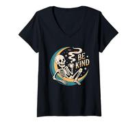 Womens Be Kind Skeleton Coffee Moon Relaxed Celestial Design V-Neck T-Shirt