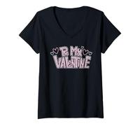 Womens Be Mine Valentine Day Hearts Pink Leopard Print V-Neck T-Shirt