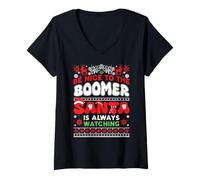 Womens Be Nice to Boomer Santa is Always Watching Ugly Christmas V-Neck T-Shirt