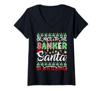 Womens Be Nice to The Banker Santa is Watching Funny Christmas V-Neck T-Shirt