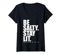 Womens Be Salty Stay Lit Matthew 5:13-14 Jesus Christ God Lover V-Neck T-Shirt