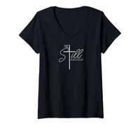 Womens Be Still Know That I Am God - Psalms Scripture with Cross V-Neck T-Shirt