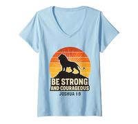 Womens Be Strong and Courageous Lion Joshua 1:9 Retro Christian V-Neck T-Shirt