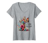 Womens Be Strong Christian Cross Flowers Bible Verse V-Neck T-Shirt