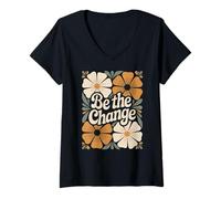 Womens Be The Change Flower Boho Vintage Motivational Inspiring V-Neck T-Shirt