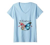 Women's Be Transformed Romans 12:2 Butterfly Floral Scripture V-Neck T-Shirt