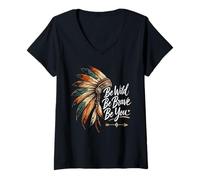 Women's Be Wild Be Free Be Brave Be You Feather Headdress V-Neck T-Shirt