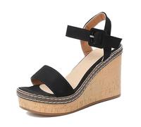 Womens Beach Casual Shoes, Women's Fish Mouth Open Toe Adjustable Buckle Breathable Wedge Platform Sandals, Strap Platform Non-slip Roma Shoes, for Parties, Weddings, Campfire Dinners(A black,5.5 UK)