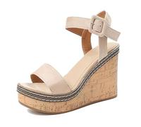 Womens Beach Casual Shoes, Women's Fish Mouth Open Toe Adjustable Buckle Breathable Wedge Platform Sandals, Strap Platform Non-slip Roma Shoes, for Parties, Weddings, Campfire Dinners(A beige,4.5 UK)