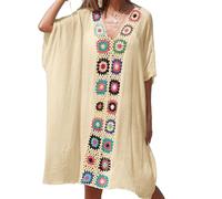 Womens Beach Cover Up, Bohemian Loose Mid-Length Style Short Sleeves Eachwear Sarongs, Hollow Stitching Chiffon V-Neck Bikini Beach Dres