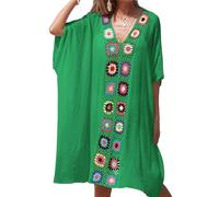 Womens Beach Cover Up, Bohemian Loose Mid-Length Style Short Sleeves Eachwear Sarongs, Hollow Stitching Chiffon V-Neck Bikini Beach Dres
