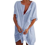 Womens Beach Cover Up Cotton Swimsuit Coverups Long Beachwear Beach Dress with Buttons Shirt Dresses Bikinis Sarong Loose Blouse Oversized Shirts for Ladies(Blue,M)