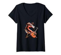 Womens Beach Flamingo with Acoustic Guitar Summer Chill V-Neck T-Shirt