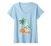 Women's Beach Lover with Flip Flops and Sand Castle Funny Gnome V-Neck T-Shirt