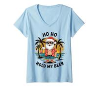 Women's Beach Santa Christmas in July Tropical Summer Vacation V-Neck T-Shirt