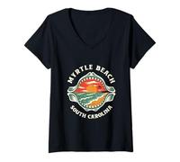 Women's Beach Scene in Shark Jaw Myrtle Beach South Carolina Retro V-Neck T-Shirt