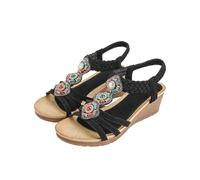 Women's Beach Slippers with Wedge - Women's Summer Casual Elegant Open Lightweight Shoes for Walking with Rhinestone Leather Breathable Slippers Anti-Skulls Black Travel Pool, Black, 5 UK