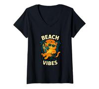 Womens Beach Vibes Funny Cat Summer Graphic V-Neck T-Shirt