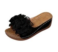 Women's Beach Wedge Sandals - Women's Summer Comfortable Shoes with Flower Bare Feet Chic and Elegant Open Toe Sandals Breathable Beach Shoes Walking Holiday Nude Feet, Black, 9.5 UK