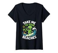 Women's Beaches Surfing Beach Summer Alien UFO Abduction Vacation V-Neck T-Shirt