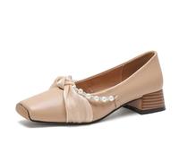 Women's Beaded Chunky Heel Mary Jane Shoes Plus Size Leather Square Toe Closed Toe Pumps for Dresses Weddings Elegant Comfort Brown