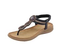 Womens Beaded Flat Sandals Bohemian T Strap Elastic Ankle Band Open Toe Casual Summer Holiday Beach Walking Shoes Black