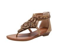 Women's Beaded Flat Thong Sandals Fashion Boho Roman Shoes Zip Back, Apricot 6